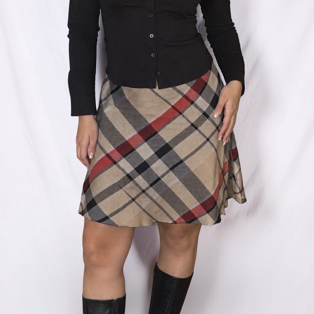 Vintage Y2K Wrapper Beige Red Plaid Stretch Slip Mini Skirt Size Large